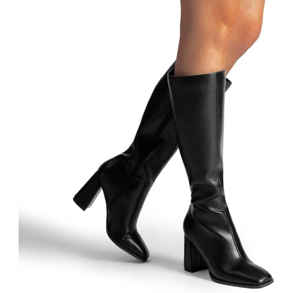 Women's Black DREAM PAIRS Knee-High Boots Square Toe Gogo Chunky Heel Side Zip - Picture 9 of 9